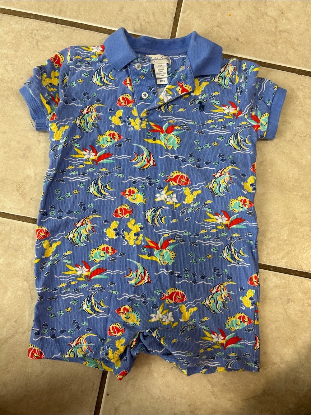 Polo by Ralph Lauren Blue Polo Romper with Colorful Fish Motif